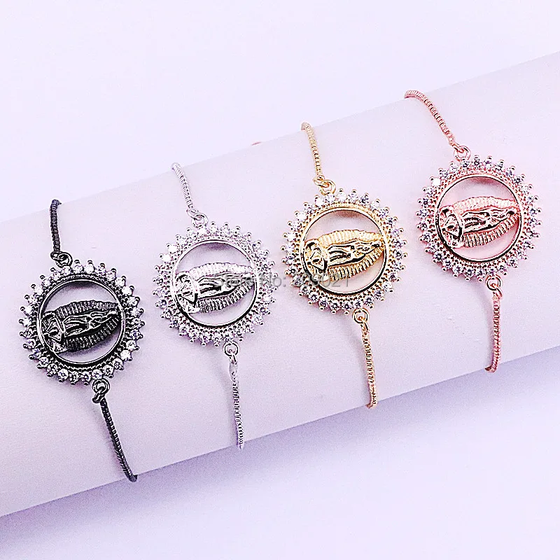

10Pcs New Arrival 4 Color Zirconia Micro Pave CZ Round Virgin Mary Connector Bracelets for Women Fashion Jewelry