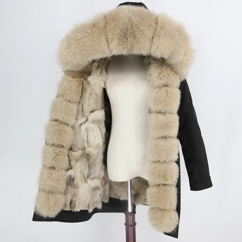 Пальто с натуральным мехом, водонепроницаемая верхняя одежда, зимняя куртка, Женская длинная парка, Лисий мех, Толстая теплая Съемная уличная одежда, роскошная - Цвет: black beige