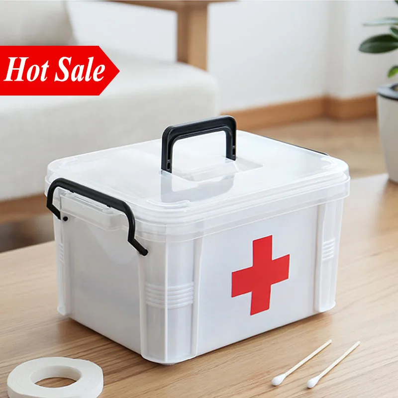 Kit de primeros auxilios para el hogar de plástico blanco caja médica 2 capas portátil de supervivencia de campamento Kits de emergencia caja de almacenamiento de medicamentos de tratamiento
