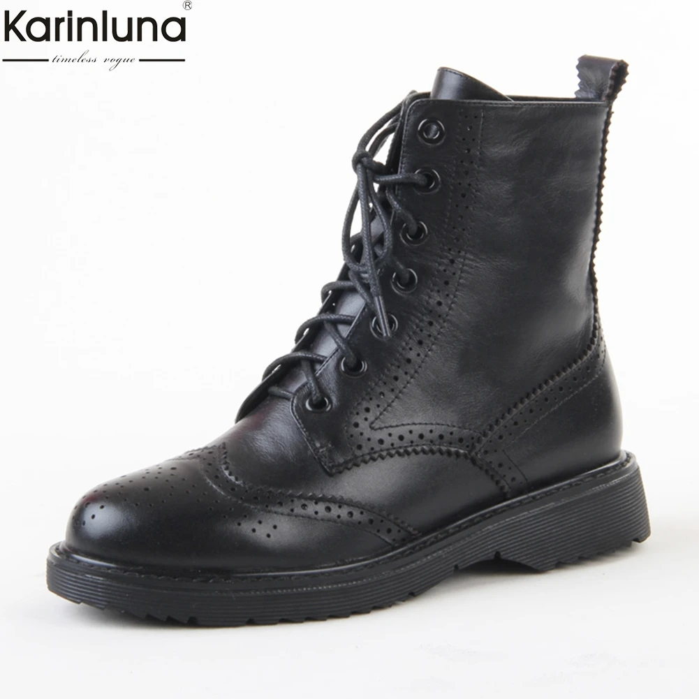 

Karinluna brand new dropship genuine leather Boots Women Shoes shoelaces retro british style brogue Shoes Woman Boots