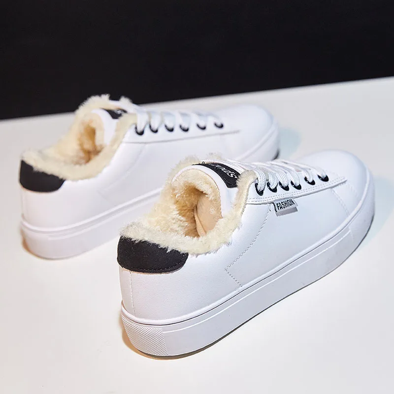 

Winter warm women's shoes plus velvet microfiber white shoes student sports shoes