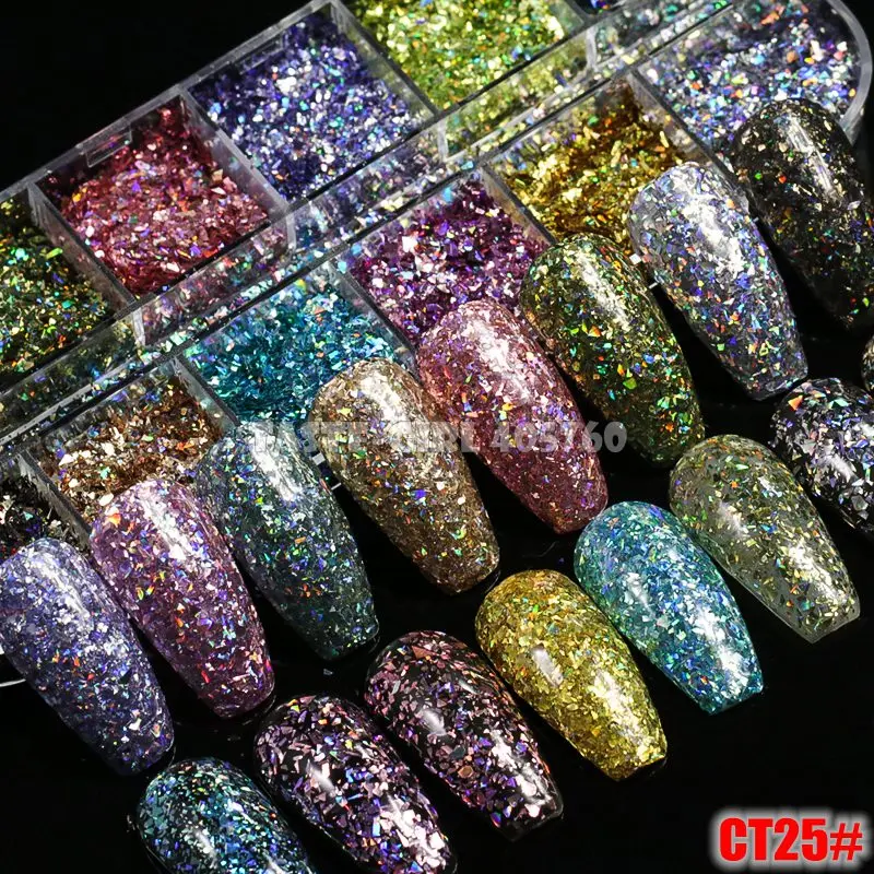 12 شبكات/مجموعة عالية الجودة التصوير المجسم بريق غير النظامية جزء مسحوق أظافر تركيب من الأكريليك الديكور يمكن خلط مع هلام DIY CT25 #