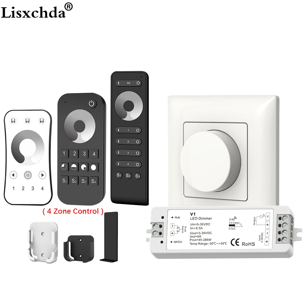 

LED Dimmer 12V 5V 24V 36V PWM Wireless RF LED Dimmer Switch ON OFF with 2.4G 4-Zone Remote for Single Color LED Strip