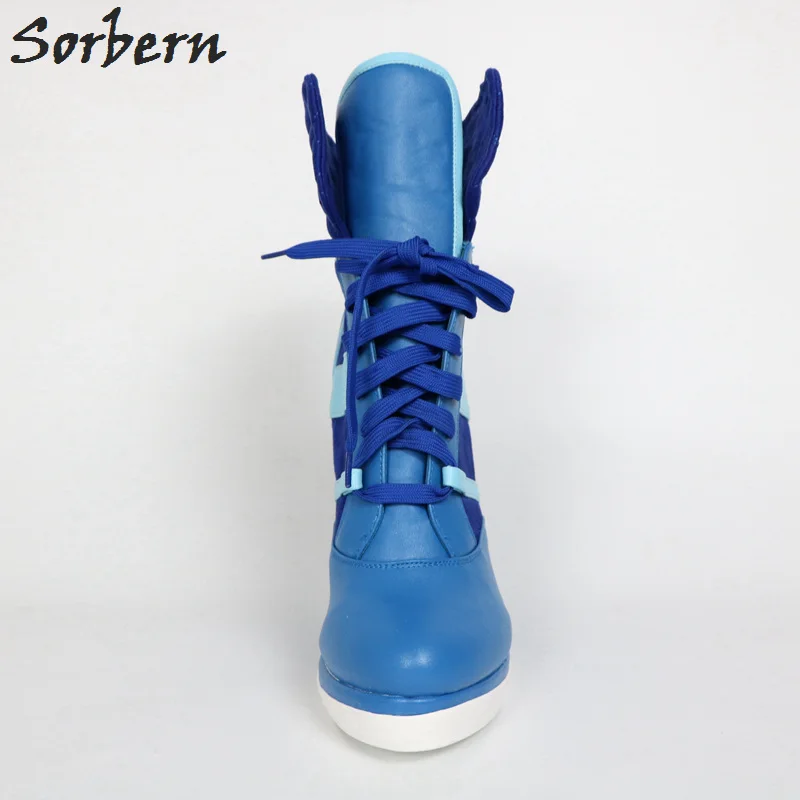 Custom Colors High Heel Sneaker Wedge Boots - Sorbern Blue Women's Lace Up Ankle Boots with Round Toes and Hidden Wedge Sneakers image 6