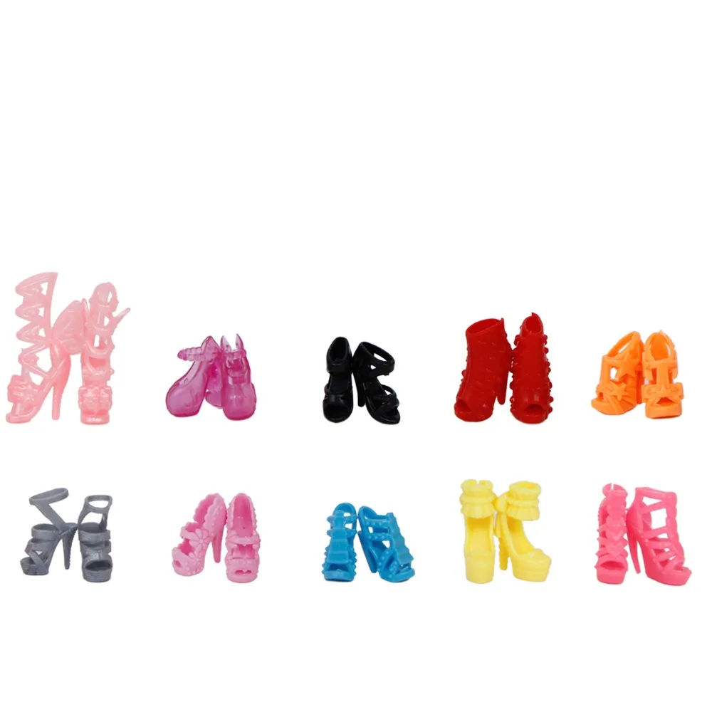 10 пар разноцветных модных разноцветных кукольных туфель в случайном порядке; Босоножки на каблуке для кукол Барби; аксессуары; наряд под платье