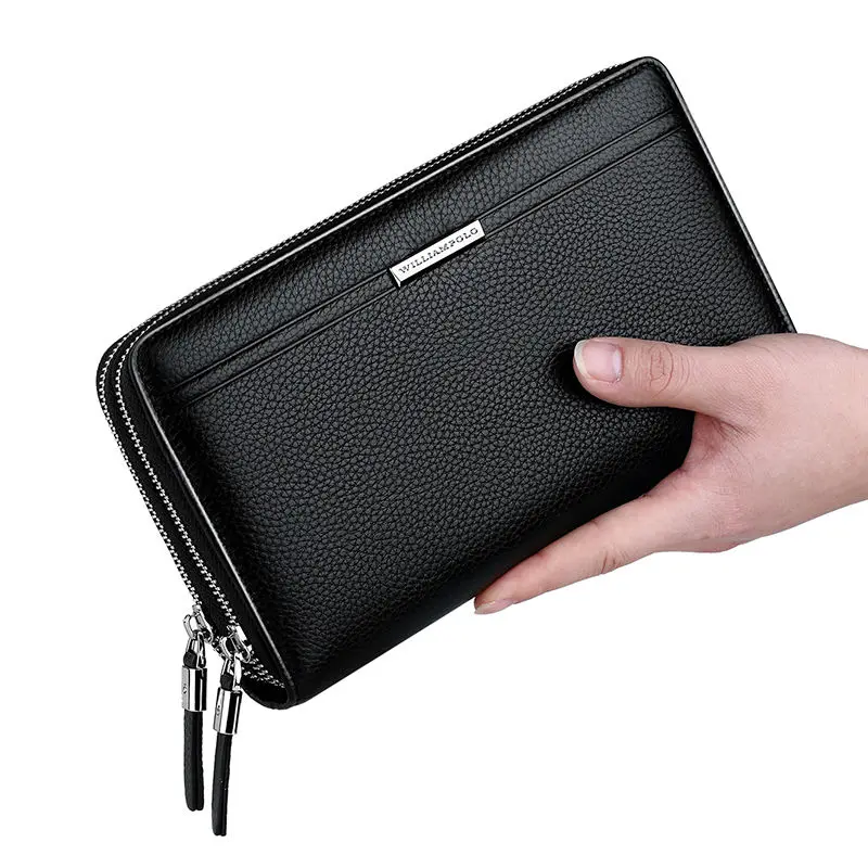 WILLIAMPOLO Genuine Leather Men&#39;s Clutch Bag Phone Case Vintage Double Zipper Mens Wallet ...