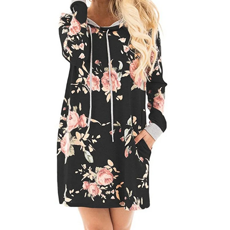 

New Hooded Hoodies Dress Autumn Winter Women Printed Floral Dresses Hoody Long Sleeve Pockets Casual Mini Dress Robe Femme GV892