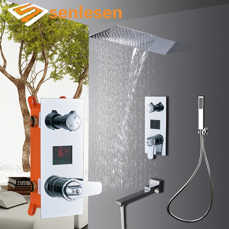 

Senlesen Digital Bathroom Shower Faucet Set Waterfall & Rain Inox Shower Head Thermostatic Valve Hot and Cold Mixer Tap