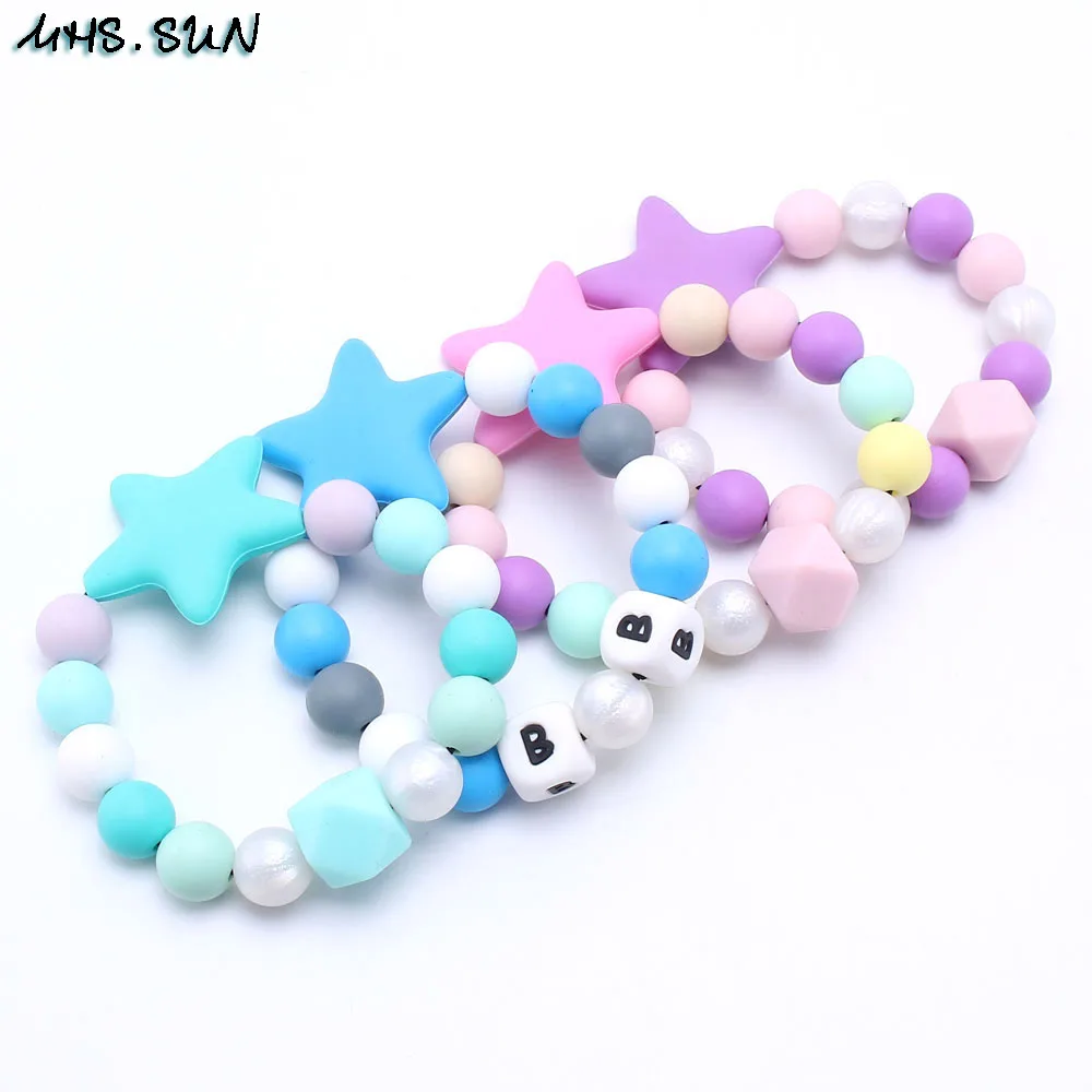 

MHS.SUN Newest baby silicone bracelets food grade teething silicone star bead bracelet colorful best for kid chewing jewelry