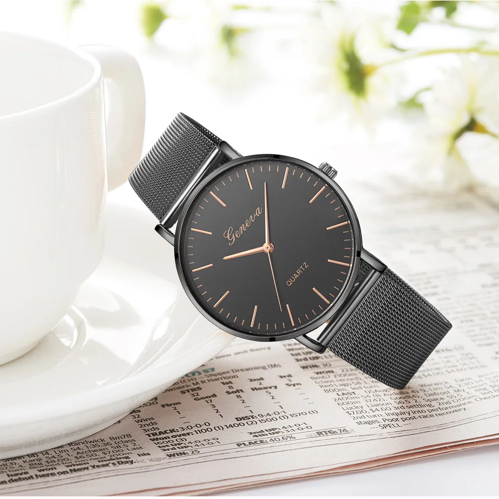 Современные модные черные кварцевые часы для мужчин и женщин сетка из нержавеющей стали высококачественный ремешок для часов повседневные наручные часы подарок для женщин часы женские женские часы