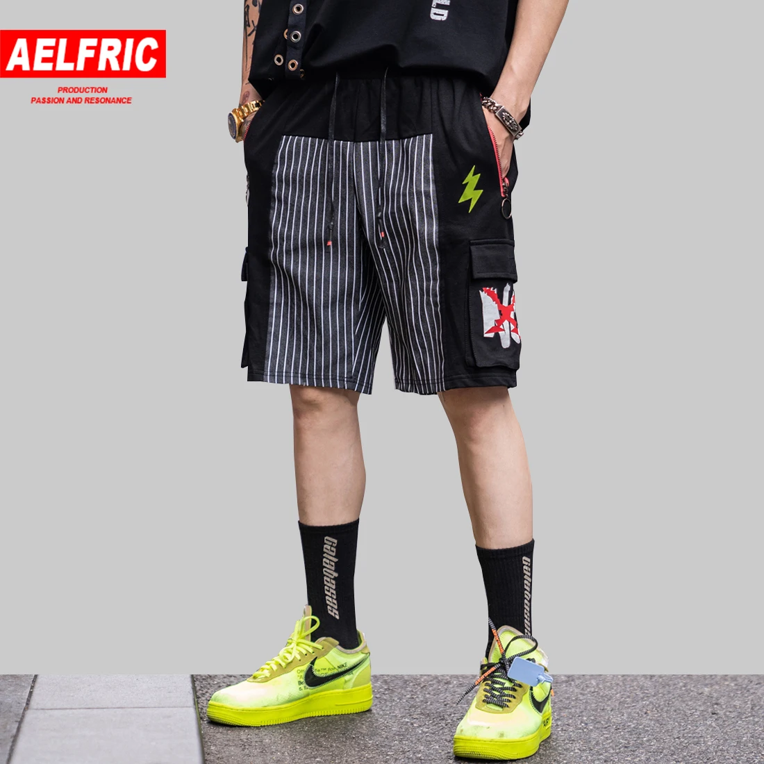 AELFRIC Лоскутная Брюки карго мешковатые шорты для женщин мужские лето 2019 г. ленты в полоску повседневное Короткие штаны мотобрюки уличная