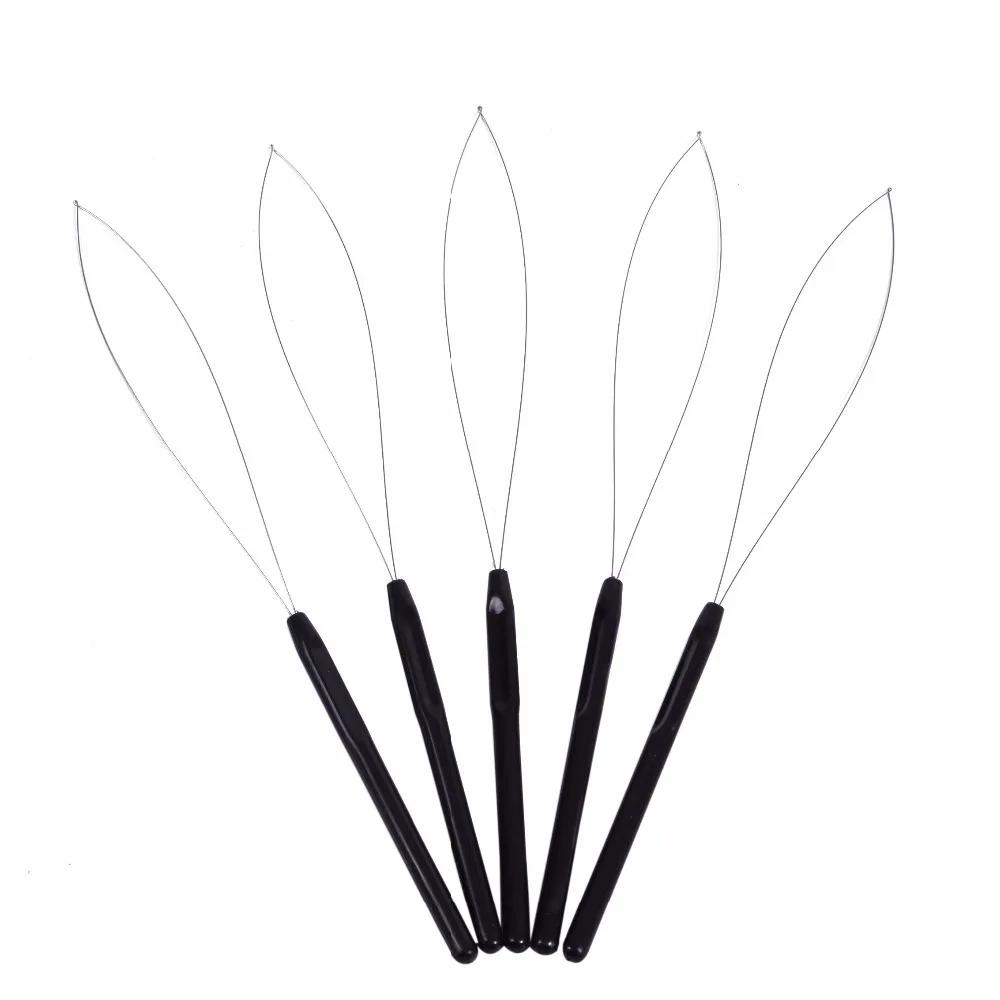 Hair Extension Hook Pulling Tool 6 pcs Needle Threader Micro Rings Beads Loop Plastic Handle With Iron Wire Black