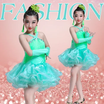 

The new Children's Latin skirts and fringed Diamond girls dance competition clothing children Latin performance clothing red
