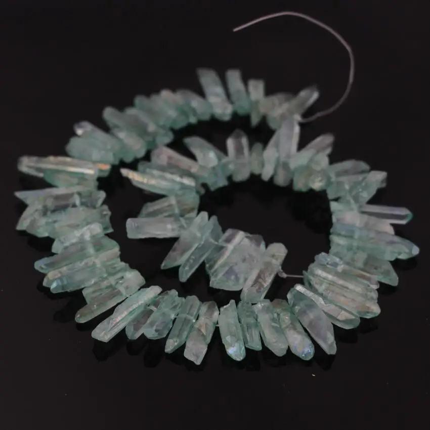 

15.5"Strand Light Green Mystic Titanium AB Quartz Crystal Top Drilled Point Beads,Rock Raw Crystal Tusk Pendant Nacklace Beads
