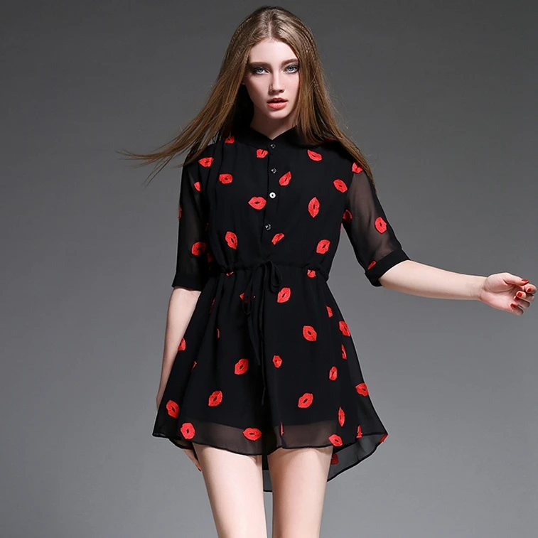 

S-4XL Plus Size Red Lips Embroidery Chiffon Dress Shirt Dress Stand Collar With Sashes With Lining Mini Dress vestidos D54116