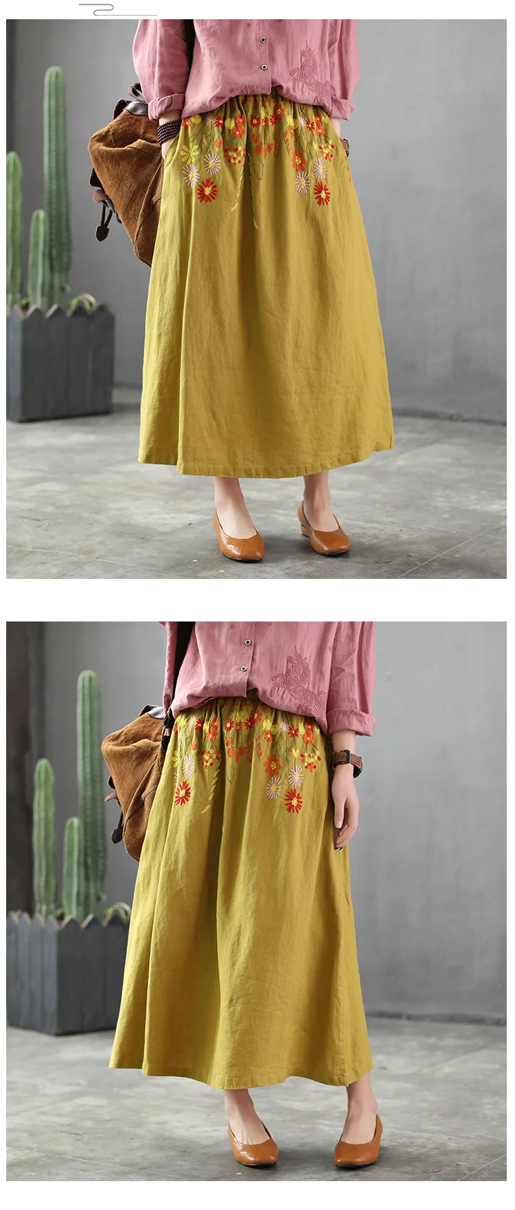 new autumn skirt leisure female elastic waist artistic embroidered skirts restoring ancient ways long cotton linen skirts
