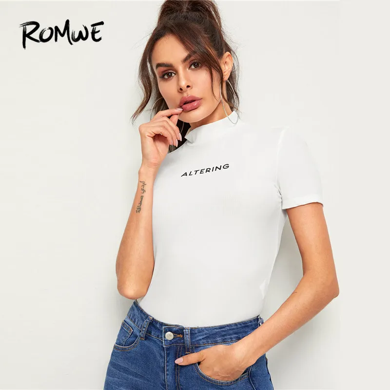 ROMWE неоновый топ с надписями на шее, повседневные футболки, Гламурная шикарная футболка с коротким рукавом, женские облегающие топы со стоячим воротником