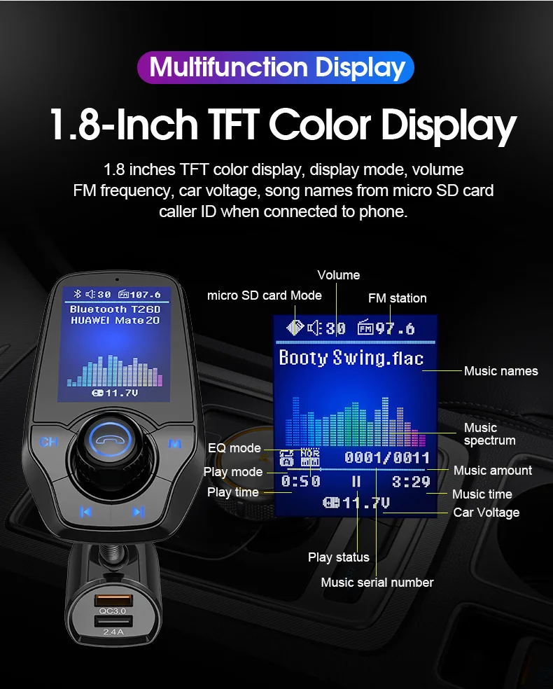 CDEN Автомобильный MP3-плеер цветной экран 1,8 дюймов TF карта музыка Bluetooth телефон Мультимедиа fm-передатчик QC3.0 быстрая зарядка автомобильное зарядное устройство