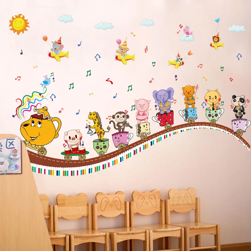 

Cartoon animal concert wall stickers creative cups musical notes cloud decorative wall Decals for baby rooms diy self adhesive