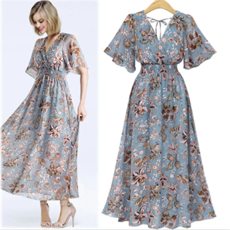 2019 Chiffon Floral Print Summer Dress Women Casual Tunic slim Sexy V Neck Long Dress Female Elegant Bohemian Beach Party Dress