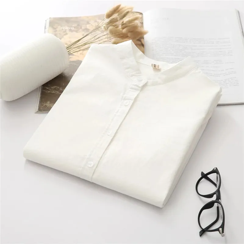 Nvyou gou Осенние блузки женские с длинным рукавом хлопковые Оксфордские белые синие однотонные рубашки на пуговицах элегантные офисные женские рубашки - Цвет: 0689-white