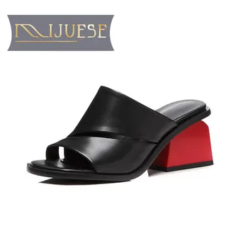 

MLJUESE 2018 women slippers Genuine leather Black color strange heel slip on high heels sandals shoes women size 34-42