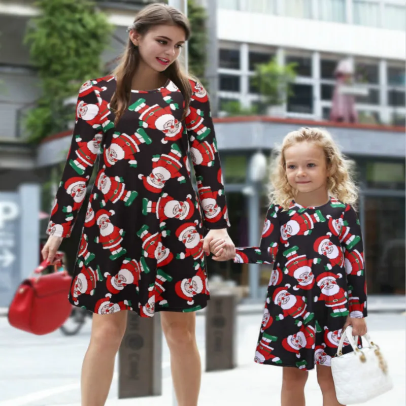 Merry Christmas Family Matching Outfits Mother Daughter Dresses Santa Claus Print Costume Baby 