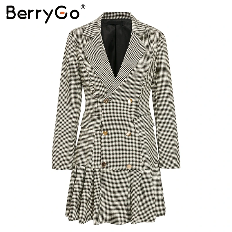 BerryGo, винтажное клетчатое офисное платье, женское двубортное складчатый Блейзер, женское платье с длинным рукавом, осенняя верхняя одежда, платья для вечеринок