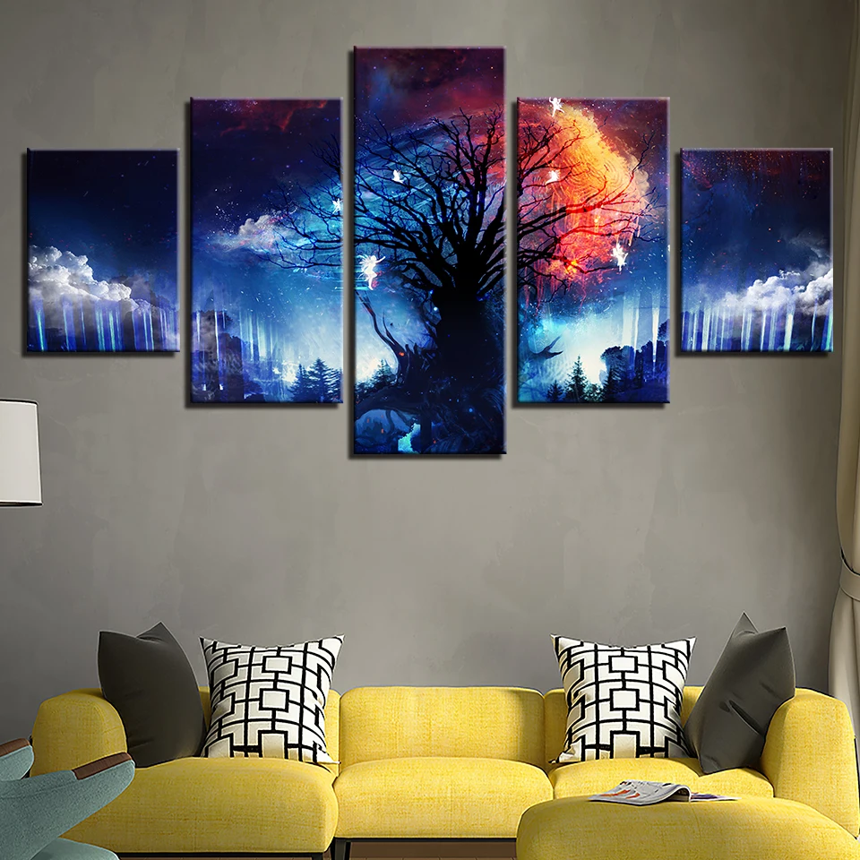

Canvas Pictures Home Decor 5 Pieces Magic Tree Surrounded By Clouds Painting HD Prints Starry Forest Fairy Poster Wall Art Frame