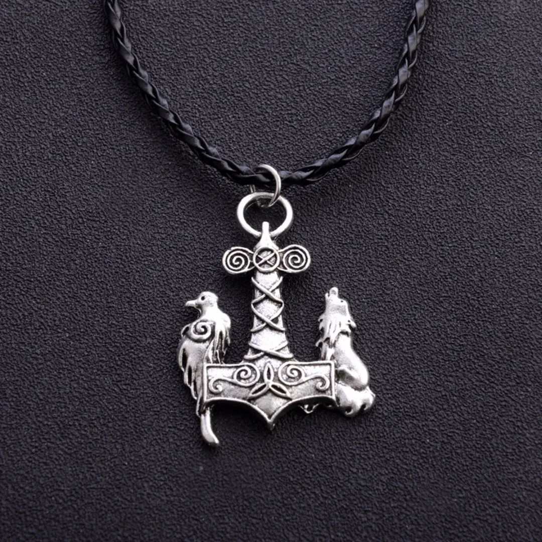 Nordic Viking Wolf & Raven Bird Ancient Jewelry Black Leather Necklace