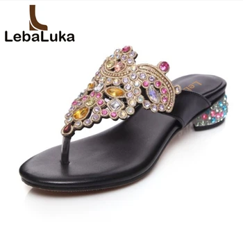 

LebaLuka National Style Women Genuine Leather Flats Sandals Beading Flats Flip Flops Summer Shoes Woman Slippers Size 34-39