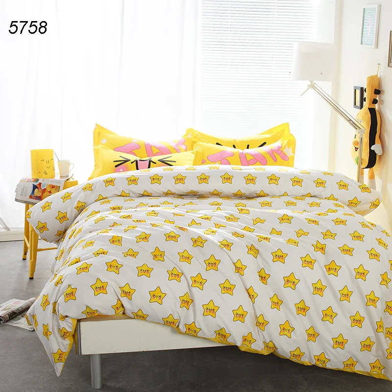Stars Cartoon Bedding Set White Yellow Cotton Bed Set Cotton