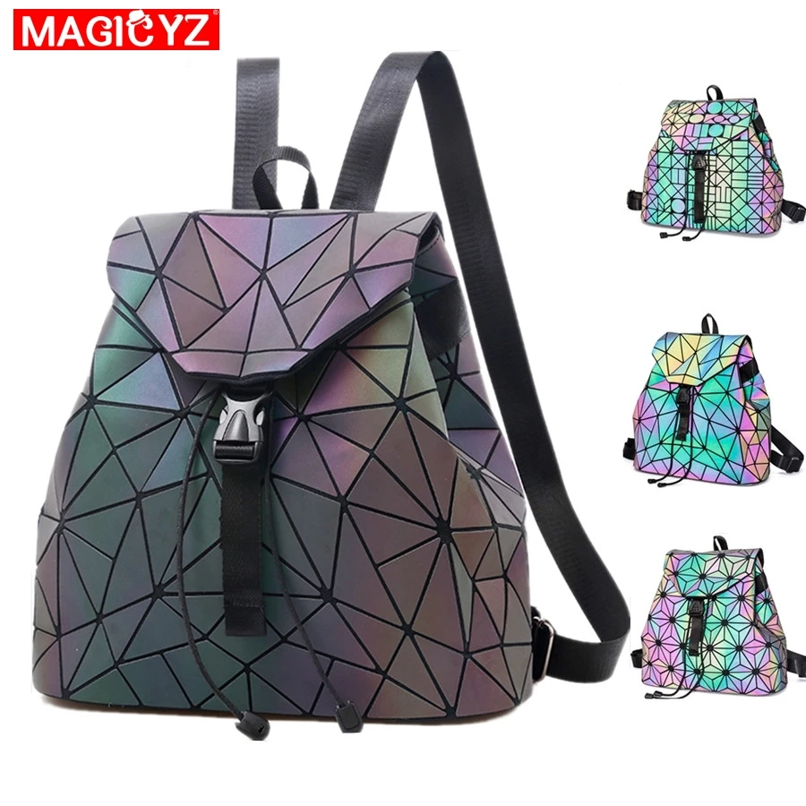 Goedkoop MAGICYZ Vrouwen Laser Lichtgevende Rugzak School Hologram Geometrische Vouw Student Schooltassen Voor Tienermeisjes holografische sac a dos
