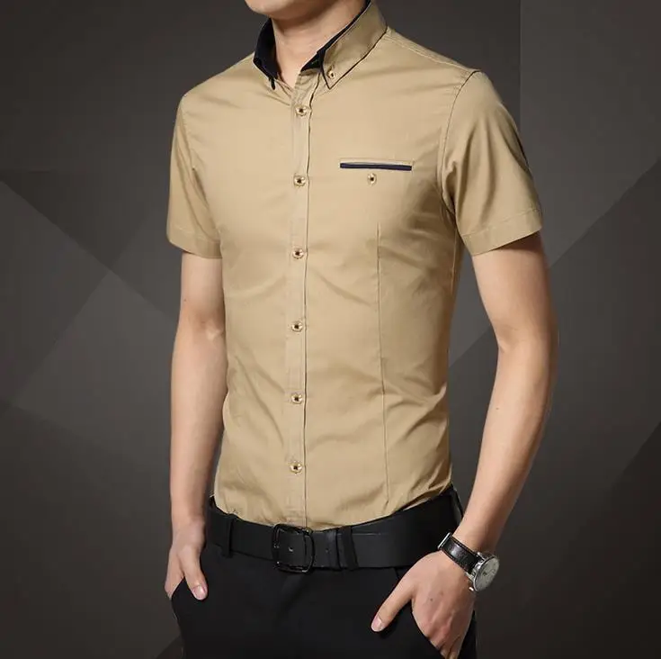 Горячая Летняя модная мужская рубашка с коротким рукавом Повседневная рубашка сплошной цвет - Цвет: Khaki