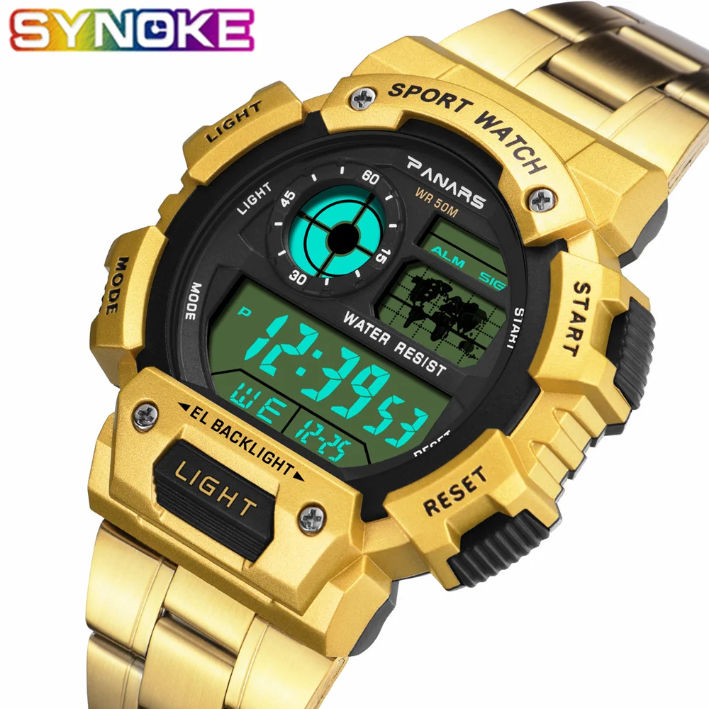 

SYNOKE Stainless Steel Military Sport Watches 2019 New Electronic Men Watches Luxury Male Clock Waterproof LED Digital Watch
