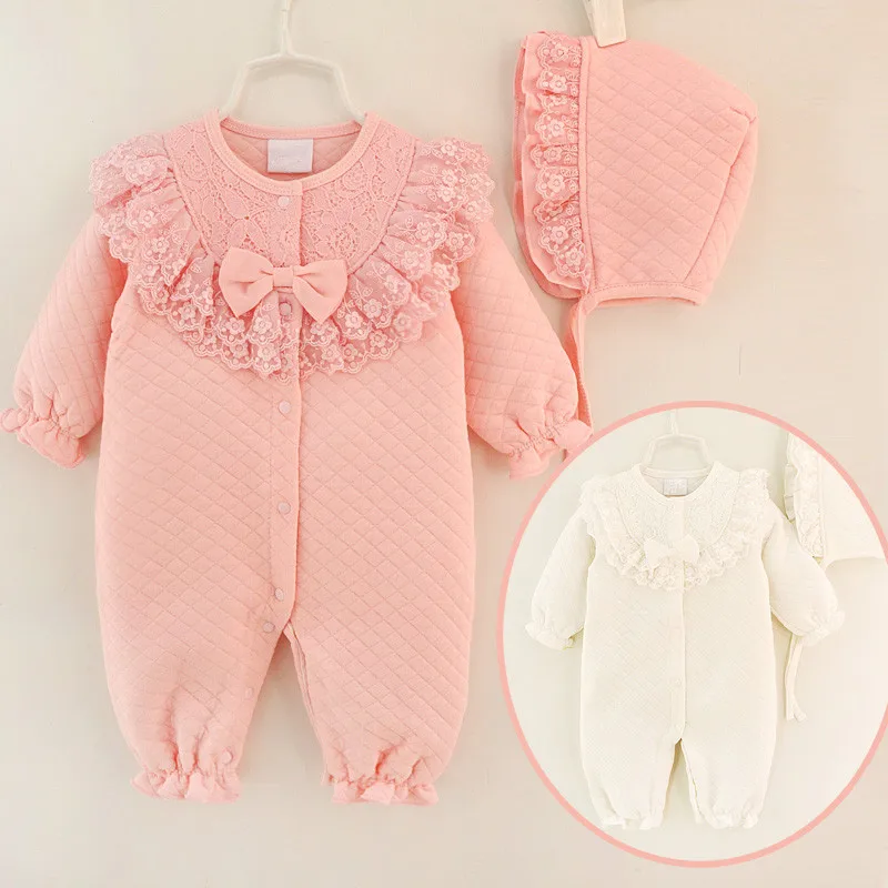Зимняя одежда для новорожденных девочек; хлопковый утепленный комбинезон; комбинезон принцессы с бантом; комплект одежды для девочек; комбинезон+ шапочка
