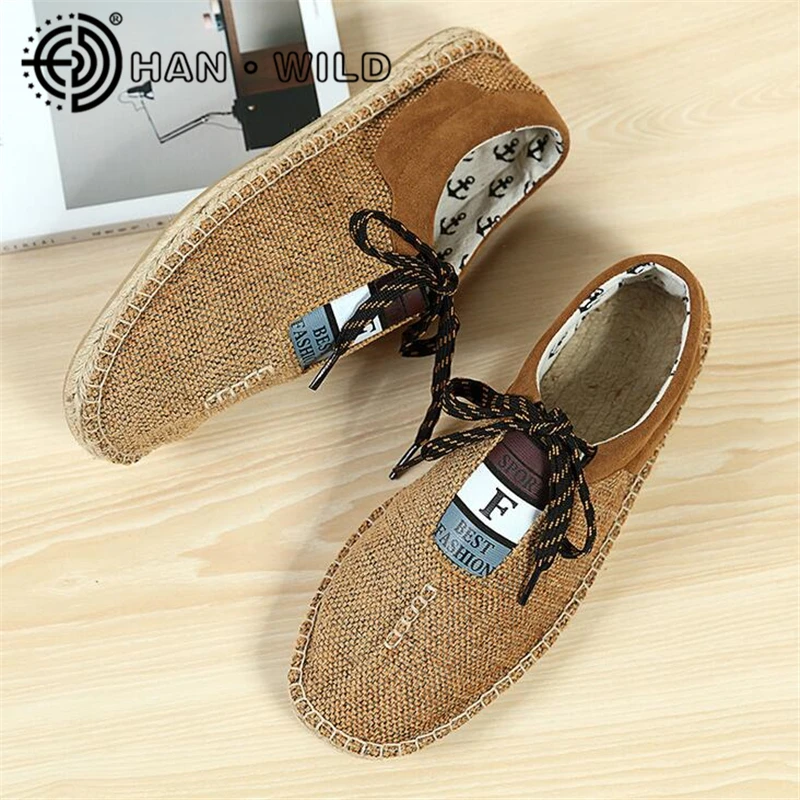 Для мужчин парусиновая обувь Slip On дышащий конопли Туфли без каблуков
