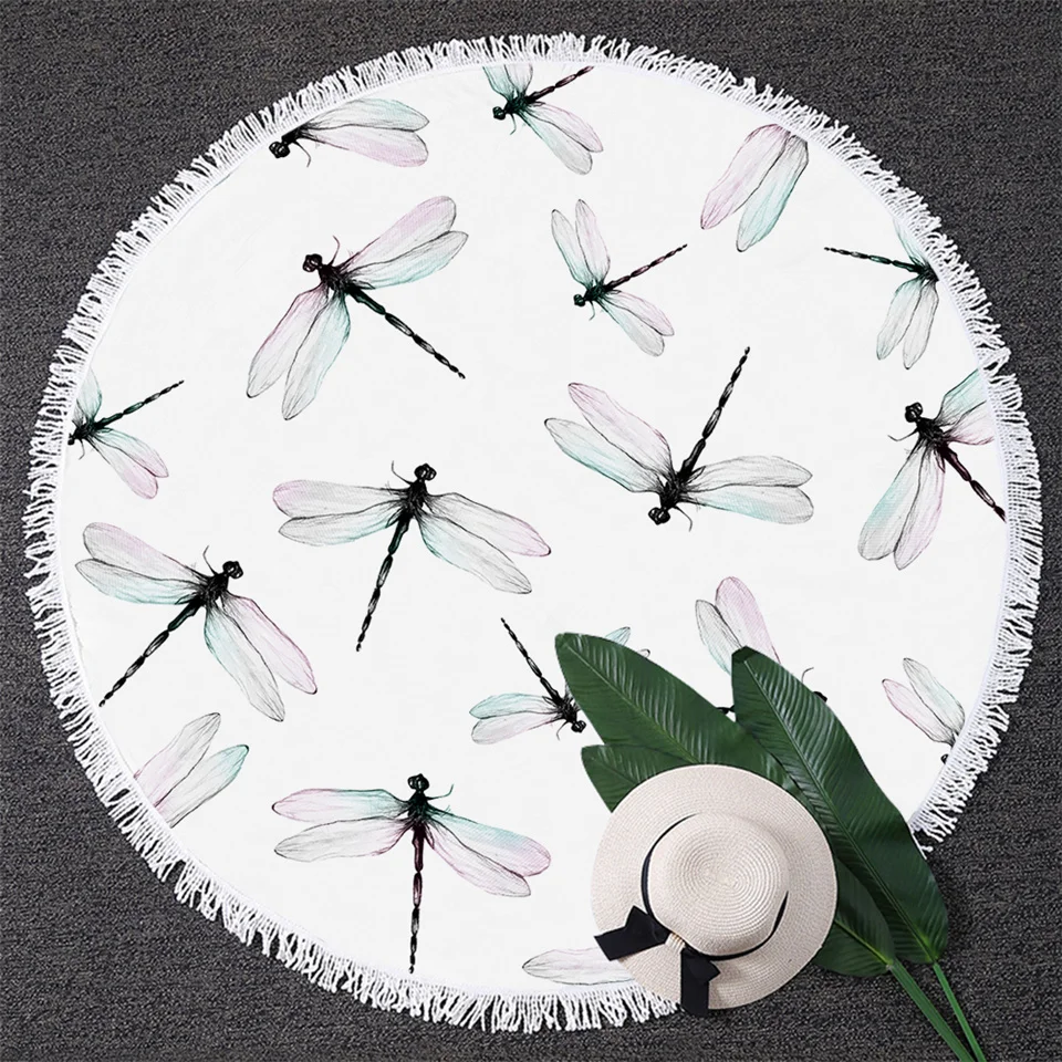

BlessLiving Dragonfly Round Beach Towel Simple White Towel Large for Adult Green Pink Wings Toalla Stylish Mat With Tassel 150cm