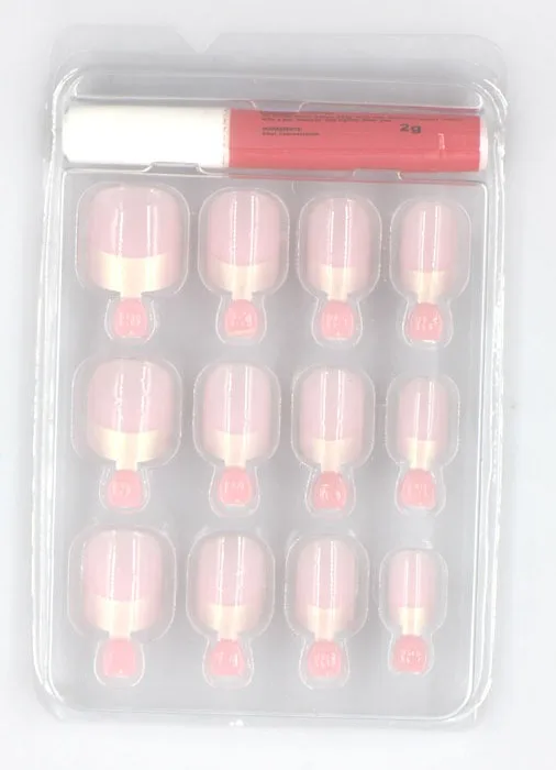 

12pcs/set With 2g Glue Short Pre-Design Pink Color Full Cover False Acrylic Nails With French Tips#FN12-07