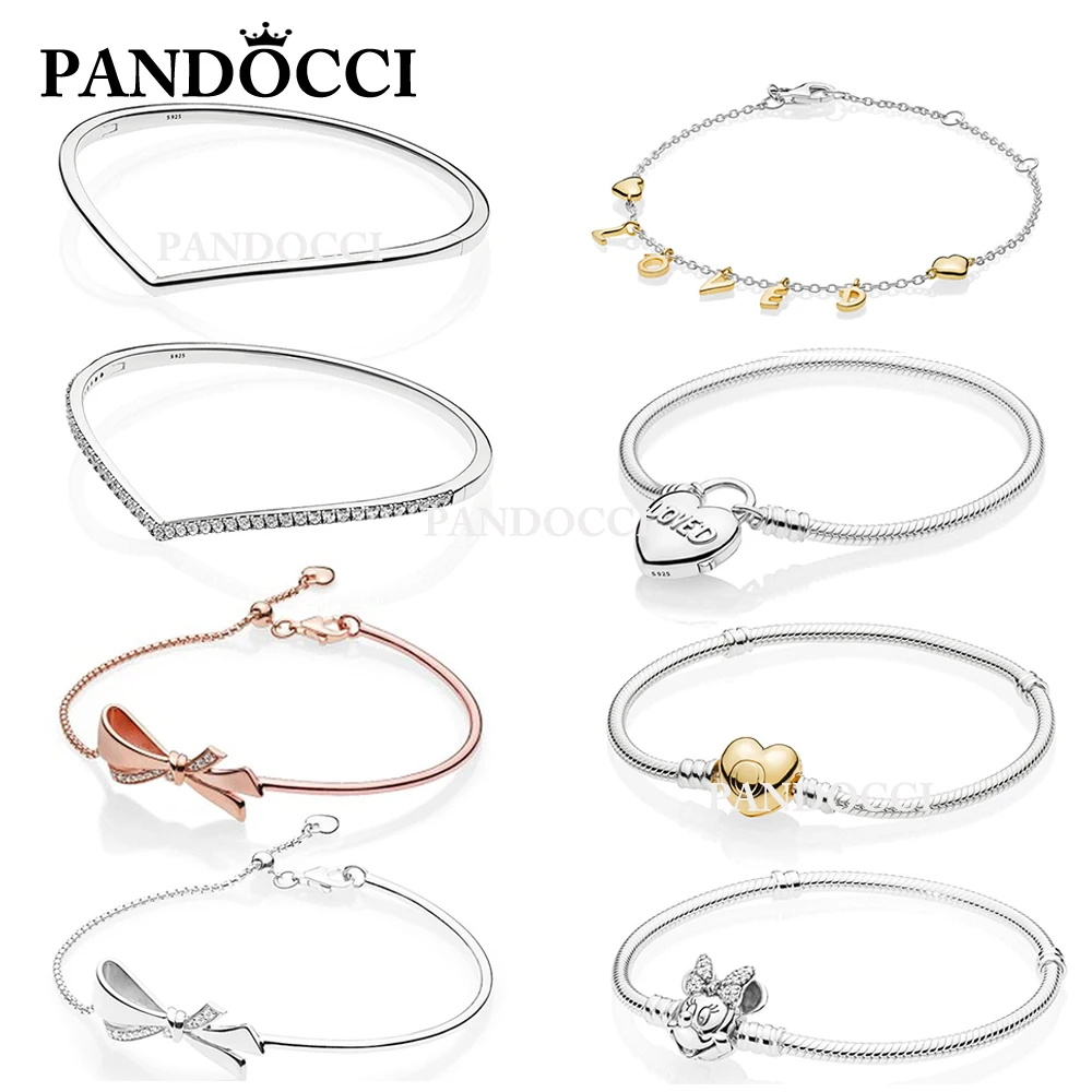 

PANDOCCI 100% 925 Sterling Silver 1:1 Shining Wish Bangle Shine Loved Script BRILLIANT BOW MOMENTS with Heart Clasp Bracelet