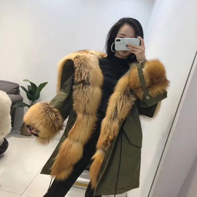 New Winter Women Supper Big Fur Parka Real Fox Fur / Raccoon Fur Hooded Fur Parkers Top Quality Outerwear S7555 - Цвет: Red Fox