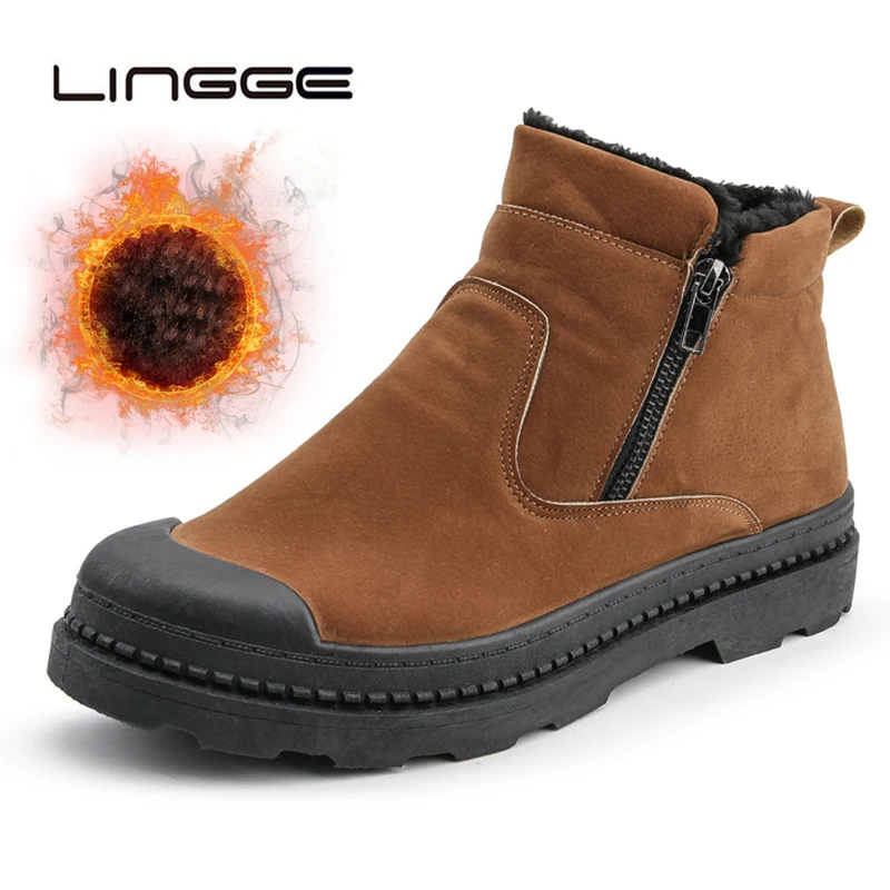 

LINGGE Men Winter Plush Snow Boots Super Warm Slip On Ankle Boots For Men Male Short Plush Solid Side Zipper Booties Shoes