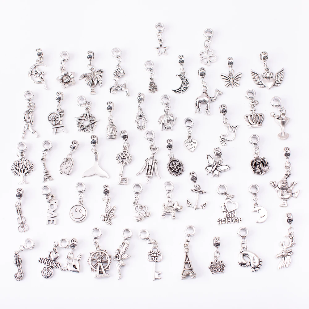 

New 50pcs Mix 50different Vintage Bead Charms alloy Beads European pendant fit Pandora charm bracelet DIY Metal Jewelry Makin