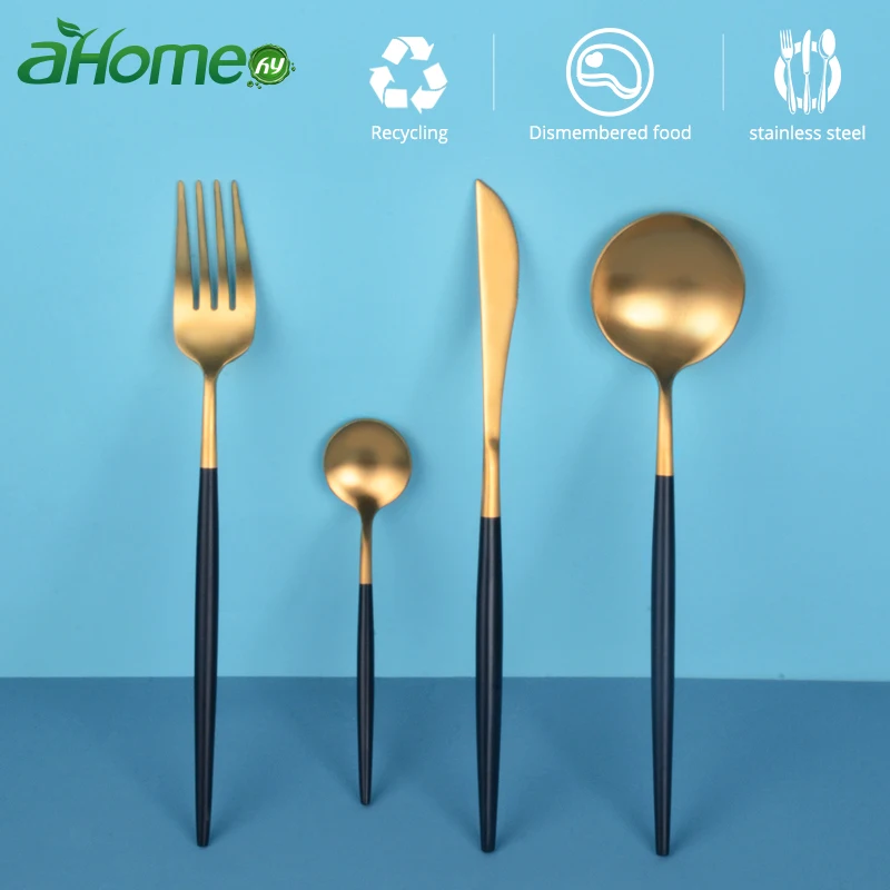 

4Pcs/set Dinnerware Set 304 Stainless Steel Black Cutlery Set Knife Fork Set Tableware Spoon Fork Knife Gold Plate Drop Shipping