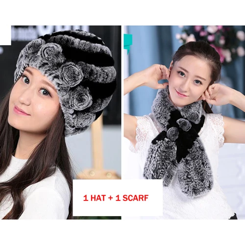 gray and black Новая мода женщин Настоящий мех кролика шапка с шарф из меха кролика рекс вязаный 2 шт Настоящий мех кролика шапка и шарф - Цвет: gray and black