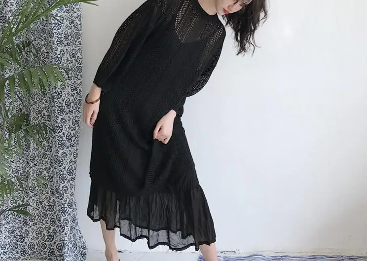 Summer Fashionable Korean Style Two Pieces Female Dress Chic Hollow Out Solid Knitting Blouse All-match Spaghetti Strap Dress5