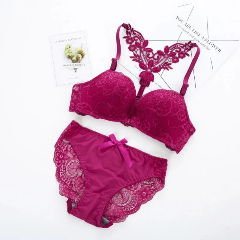  Sexy Lace Bow Small Chest Bra Set Butterfly Flower Front Closure Bra and Panty Set For Women Breath