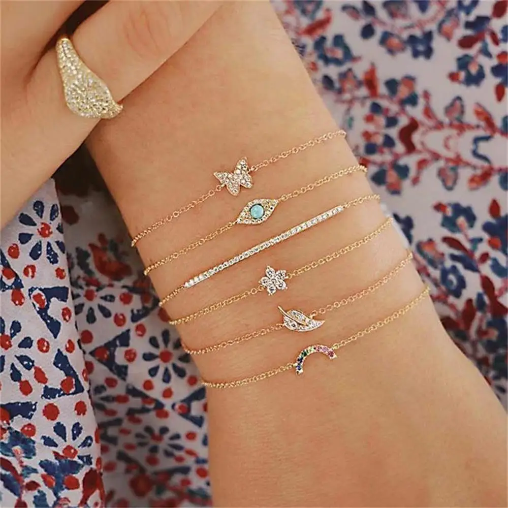 

Women Bracelets Exquisite Butterfly Leaf Strip Geometric Crystal Pendant Gold Bracelet Set Female Fashion Simple Birthday Gift