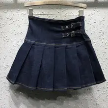 Джинсовая мини-юбка размера плюс 2XL, Женская эластичная юбка с высокой талией, Женская Повседневная плиссированная джинсовая юбка, светильник