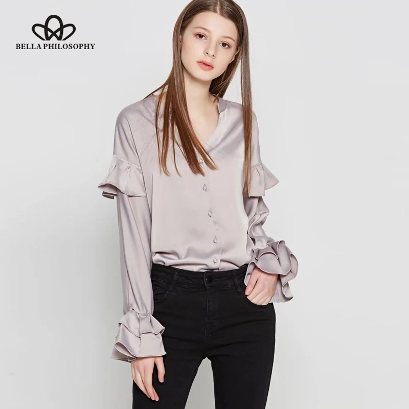 

Bella Philosophy 2018 new spring women sweet blouse solid fashion loose blouse ruffle long sleeves V Neck casual ladies tops